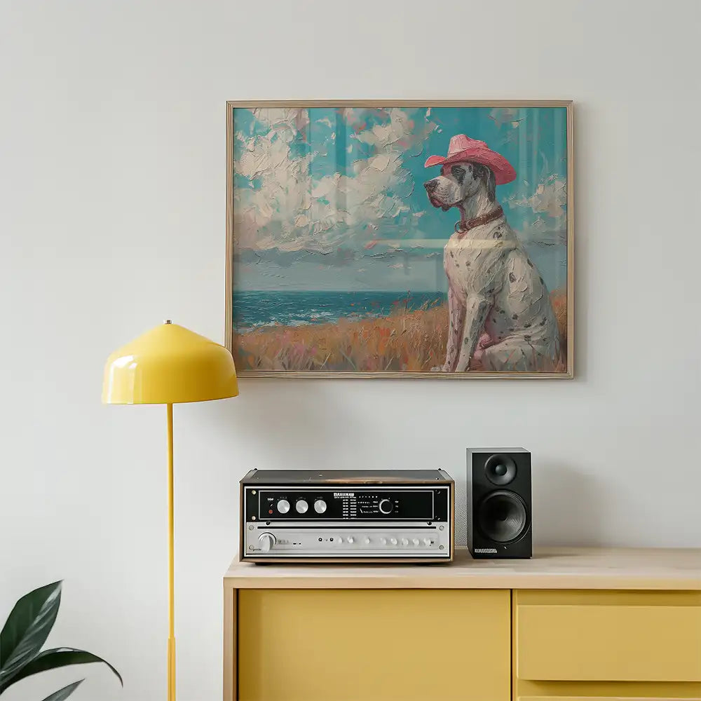 Painting of a dog wearing a pink hat against a backdrop of the ocean and clouds, displayed above a yellow lamp and vintage audio equipment.