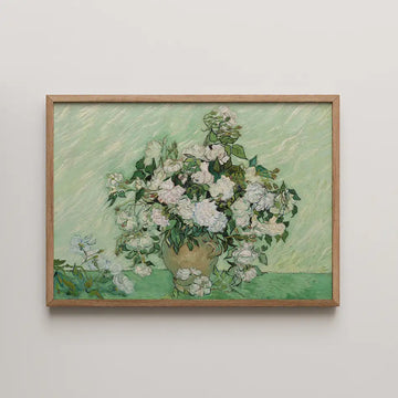 Painting of a vase filled with white flowers set against a soft green background, framed in natural wood.