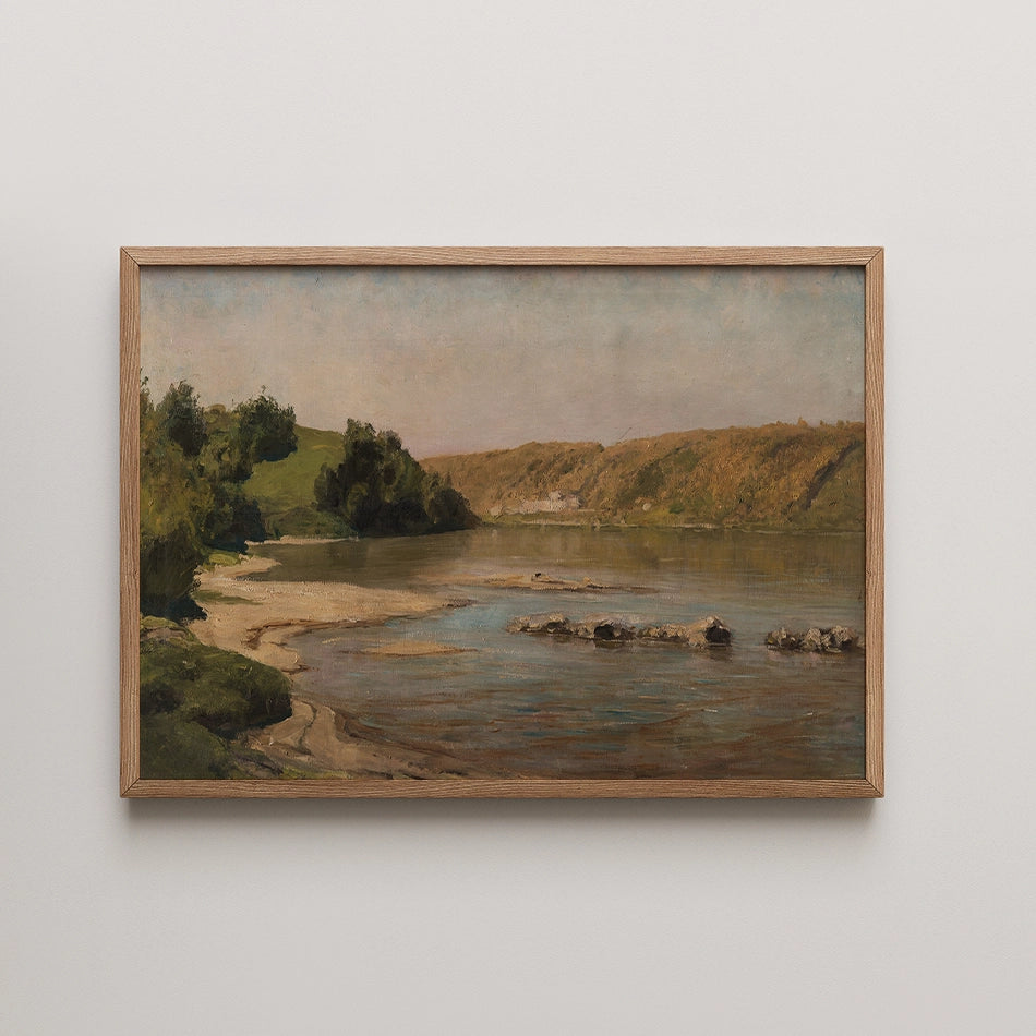 Landscape painting featuring a serene river scene with lush greenery and rolling hills, framed in wood.