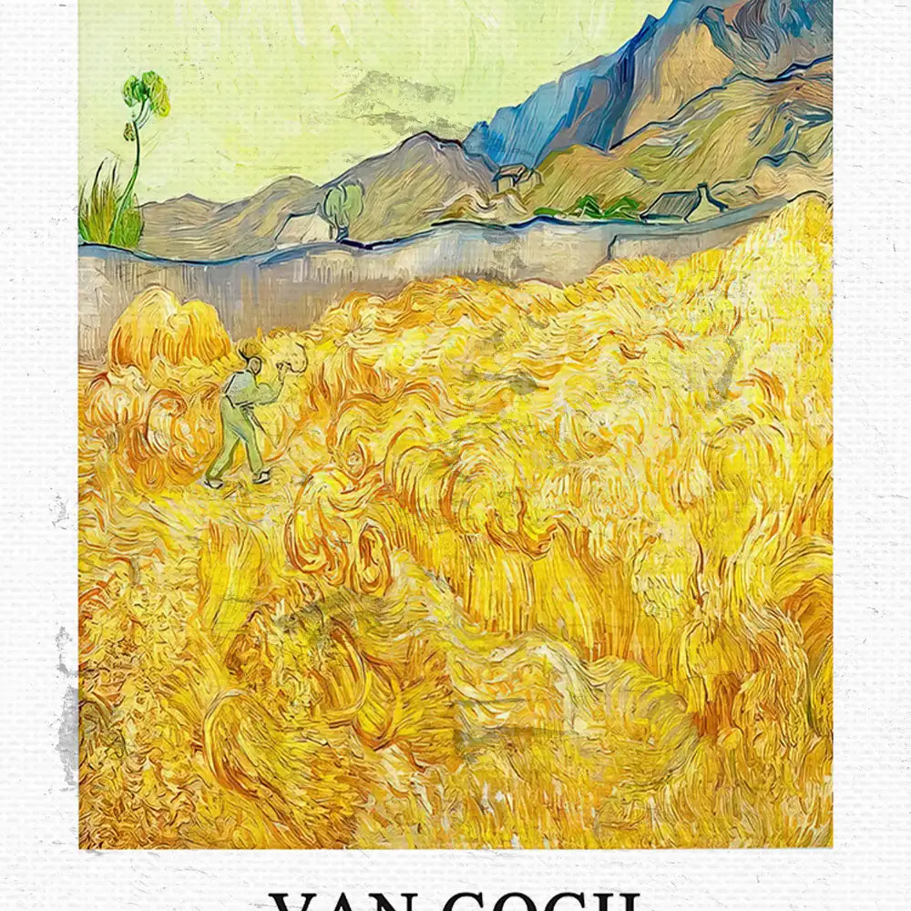 Van Gogh-inspired painting depicting a figure working in a golden wheat field with rolling hills and a light sky.