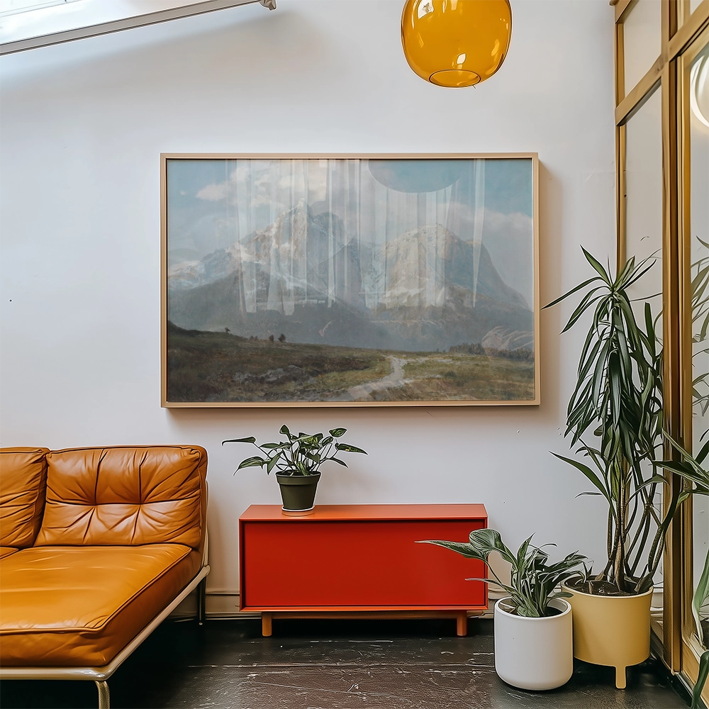 Framed landscape painting of mountains displayed in a modern living room setting with a yellow sofa and potted plants.