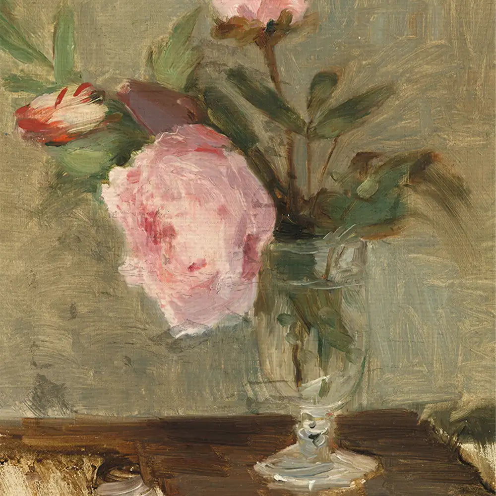 Painting of pink peonies in a glass vase on a wooden surface with a soft green background.