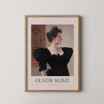 Framed painting print of a woman in a black dress by Gustav Klimt with the title "Portrait of a Lady" displayed below.