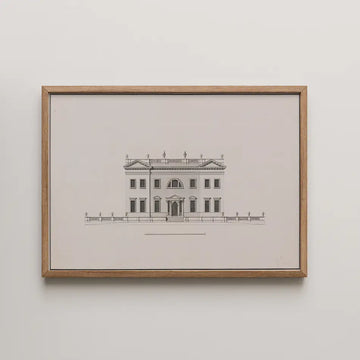 Framed architectural illustration of a classical building design in neutral tones.