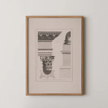 Black and white architectural drawing featuring detailed column designs, framed in natural wood.