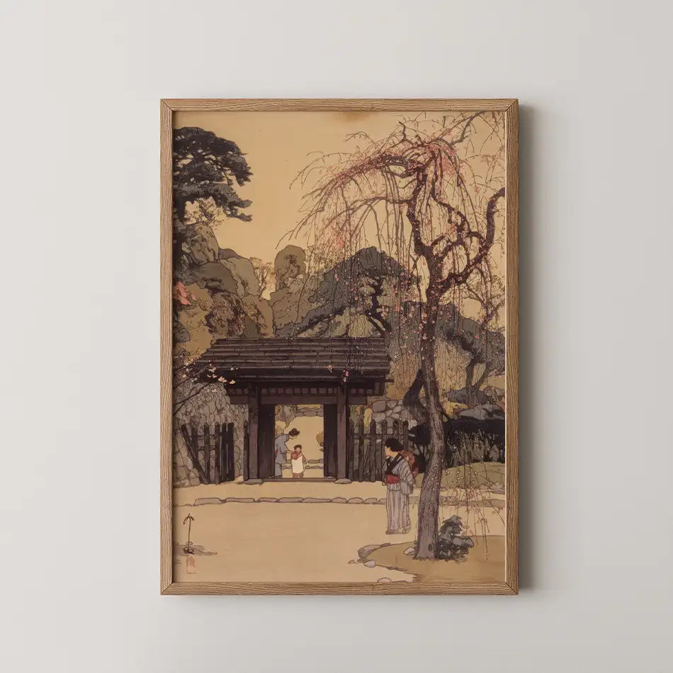 Framed painting featuring a serene garden scene with a traditional entrance, cherry blossom trees, and figures in traditional attire.