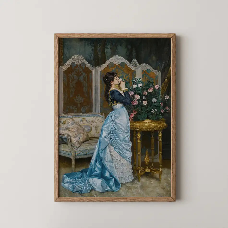 Painting of a woman in a blue gown admiring a bouquet of pink roses near an ornate gold table, set in an elegantly decorated room.