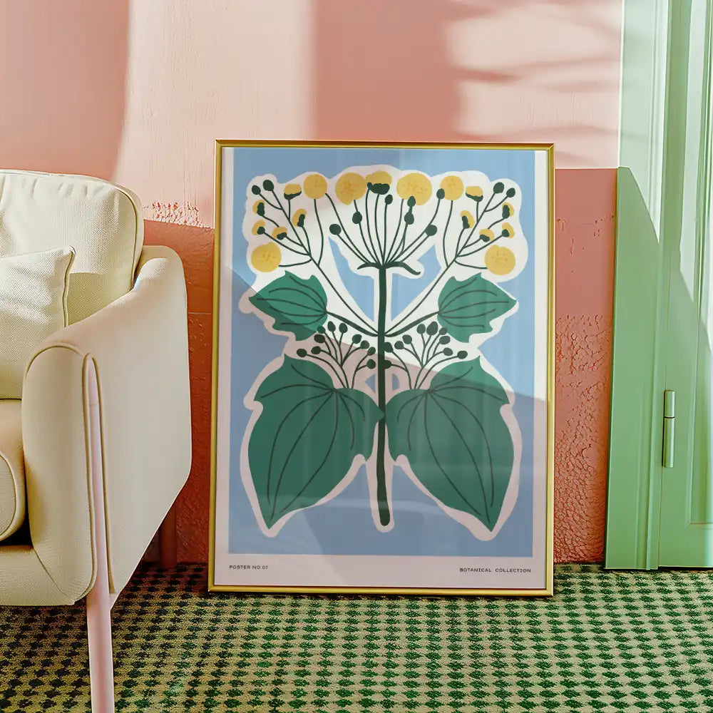 Modern botanical poster featuring a stylized plant with yellow flowers and green leaves against a light blue background, framed in gold. Ideal for home decor and art enthusiasts.
