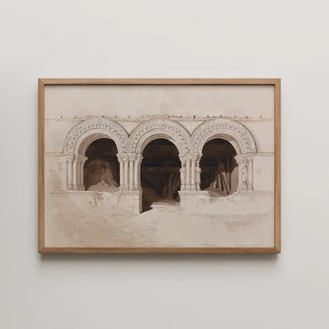 Framed watercolor painting of three intricately designed arches with decorative columns.