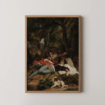A romantic painting depicting figures resting in a lush, shaded landscape, framed in wood, with a dog nearby.