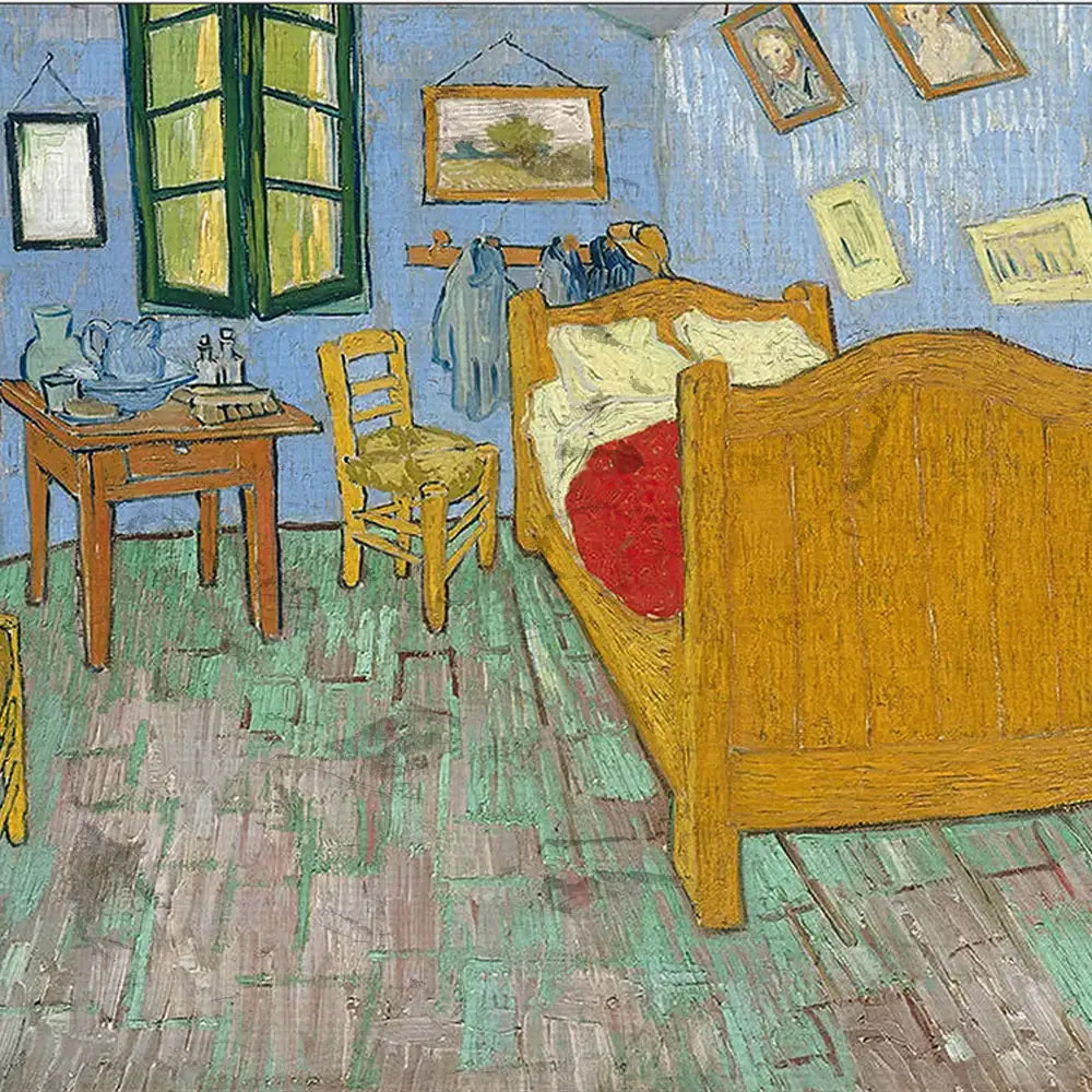 Vincent van Gogh's iconic painting of a simple bedroom featuring a wooden bed, a yellow chair, and a table with blue dishware, set against a light blue wall.