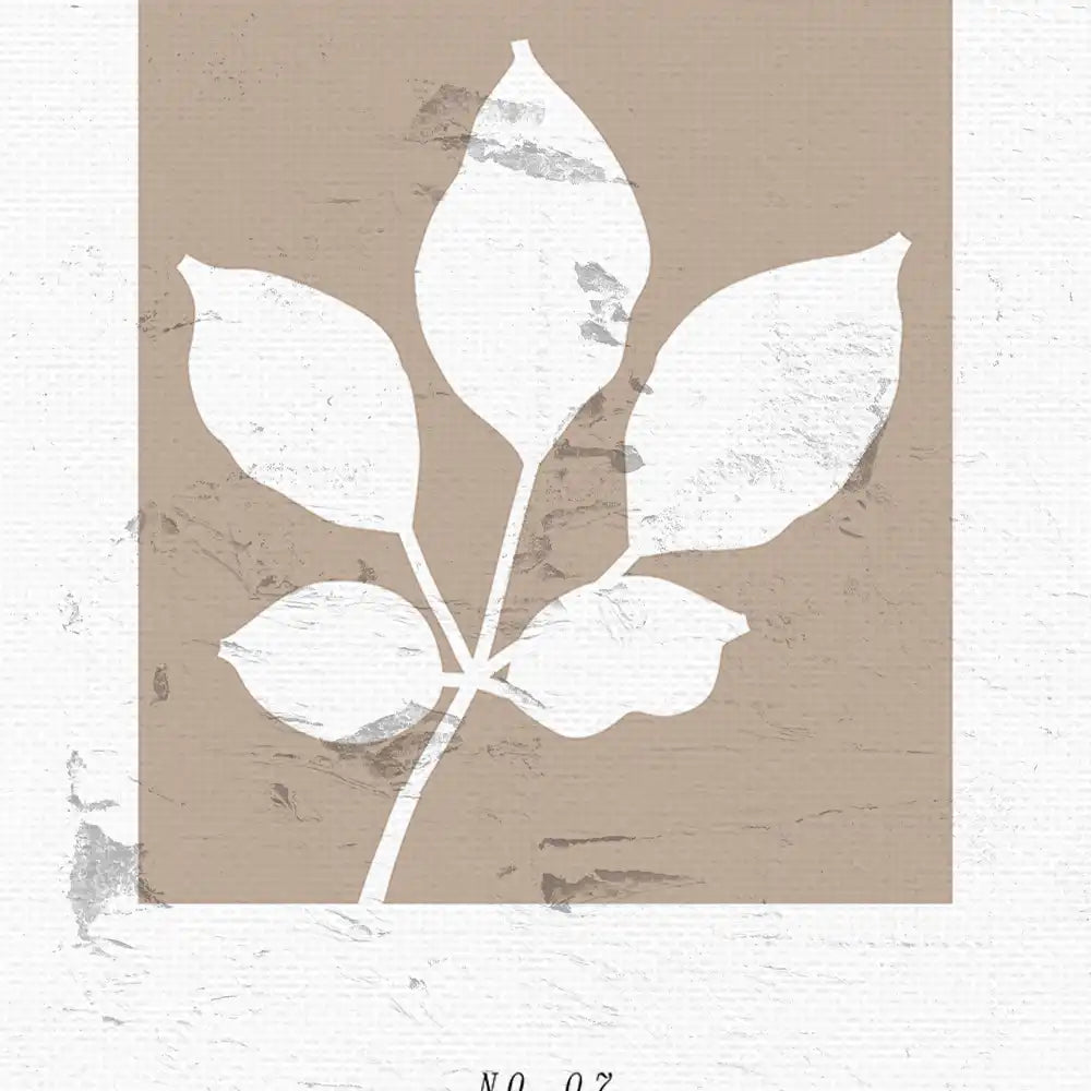 Modern botanical art poster featuring a minimalist white leaf design on a textured beige background.