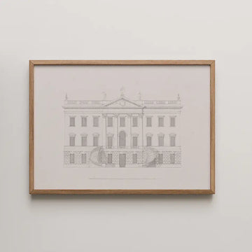 Framed architectural illustration of a classical building in pencil sketch style on a light background.