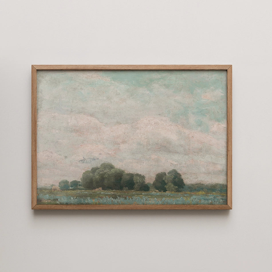 Framed landscape painting featuring soft clouds above a serene countryside with distant trees and gentle green hues.