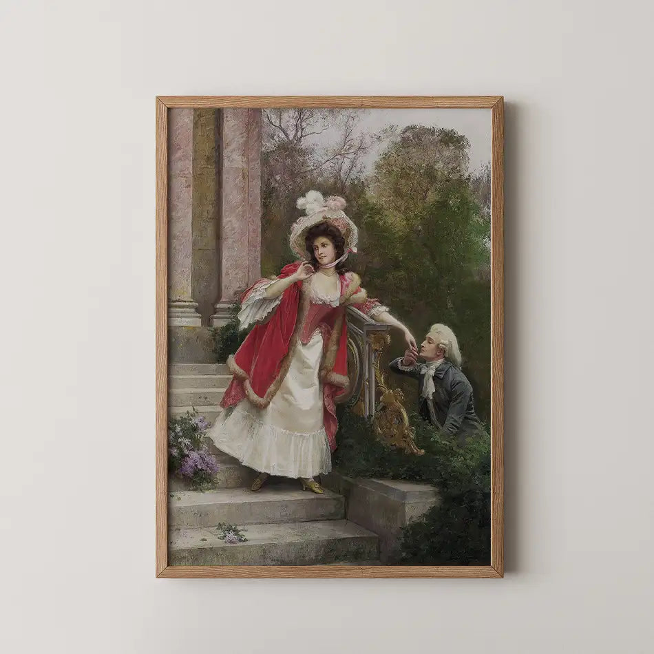 A romantic scene featuring a woman in historical attire with a red cloak and a hat, gesturing towards a man in a suit on stairs, framed in an elegant wooden frame against a light wall.