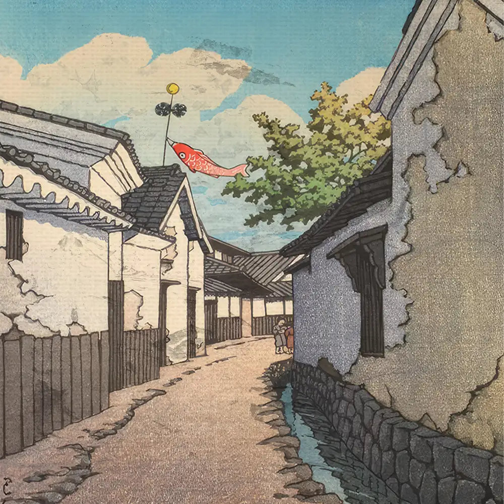Colorful painting of a serene street scene with traditional white buildings, a tree, and a vibrant fish-shaped windsock against a blue sky.