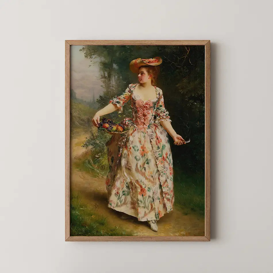 Painting of a woman in a floral dress holding a basket of fruit, set in a lush landscape, framed in wood.