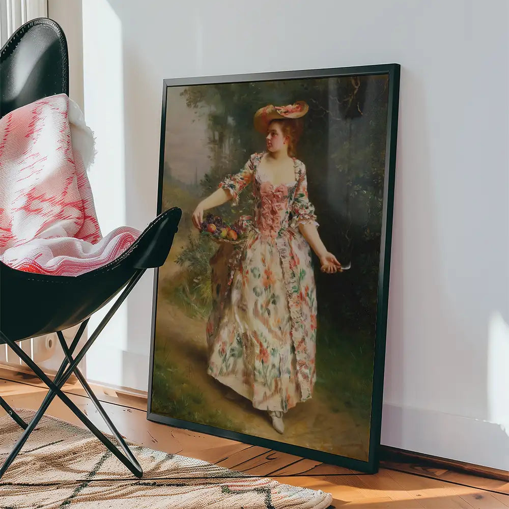Framed vintage painting of a woman in a floral dress holding fruit, leaning against a wall in a modern interior setting.