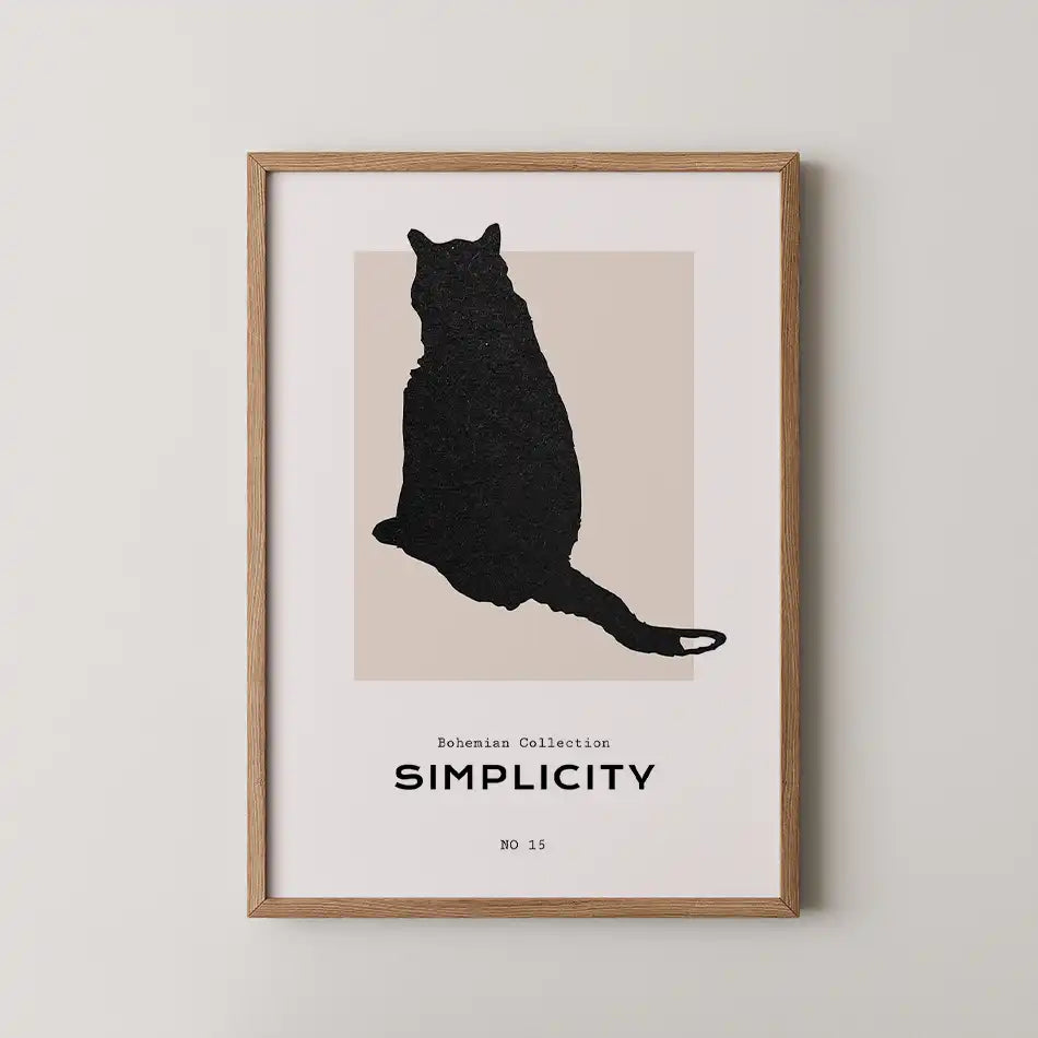 Elegant minimalist wall art print featuring a sleek black cat silhouette against a soft beige backdrop, titled 'Simplicity' from the Bohemian Collection.
