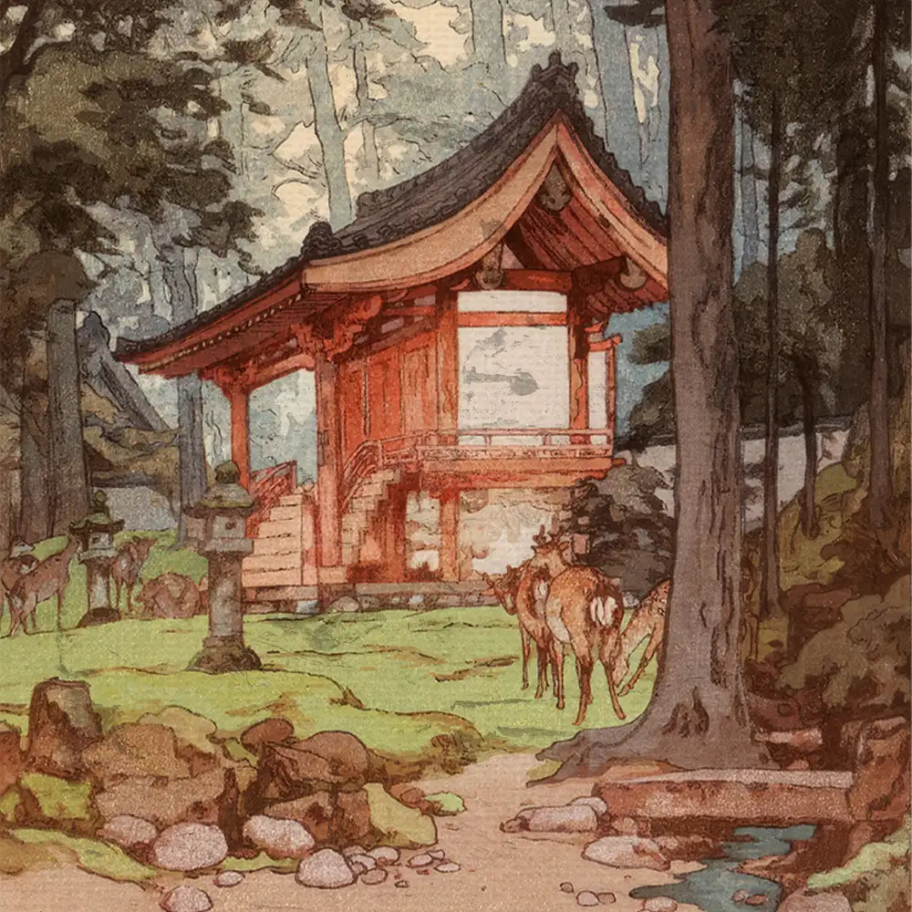 A serene landscape featuring a traditional Asian-style pavilion surrounded by lush greenery and gentle deer grazing nearby.