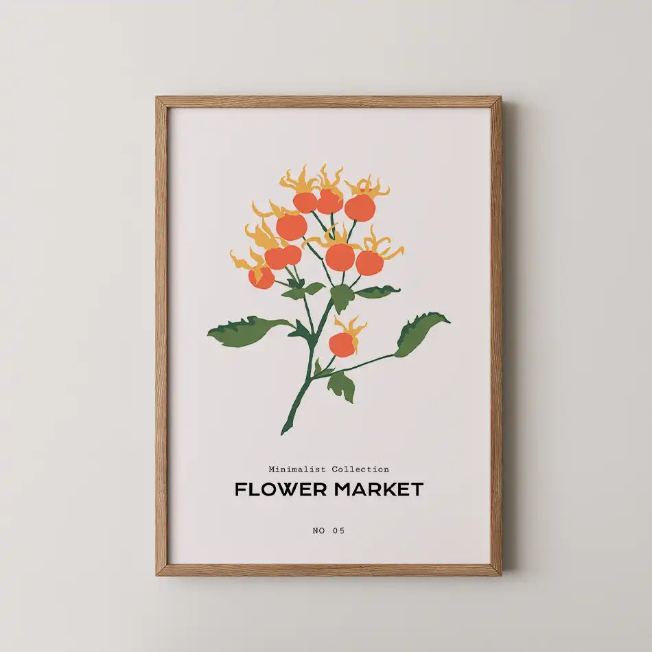 Modern floral art print featuring vibrant orange and yellow flame flowers with green leaves against a soft background, ideal for home or office decoration.
