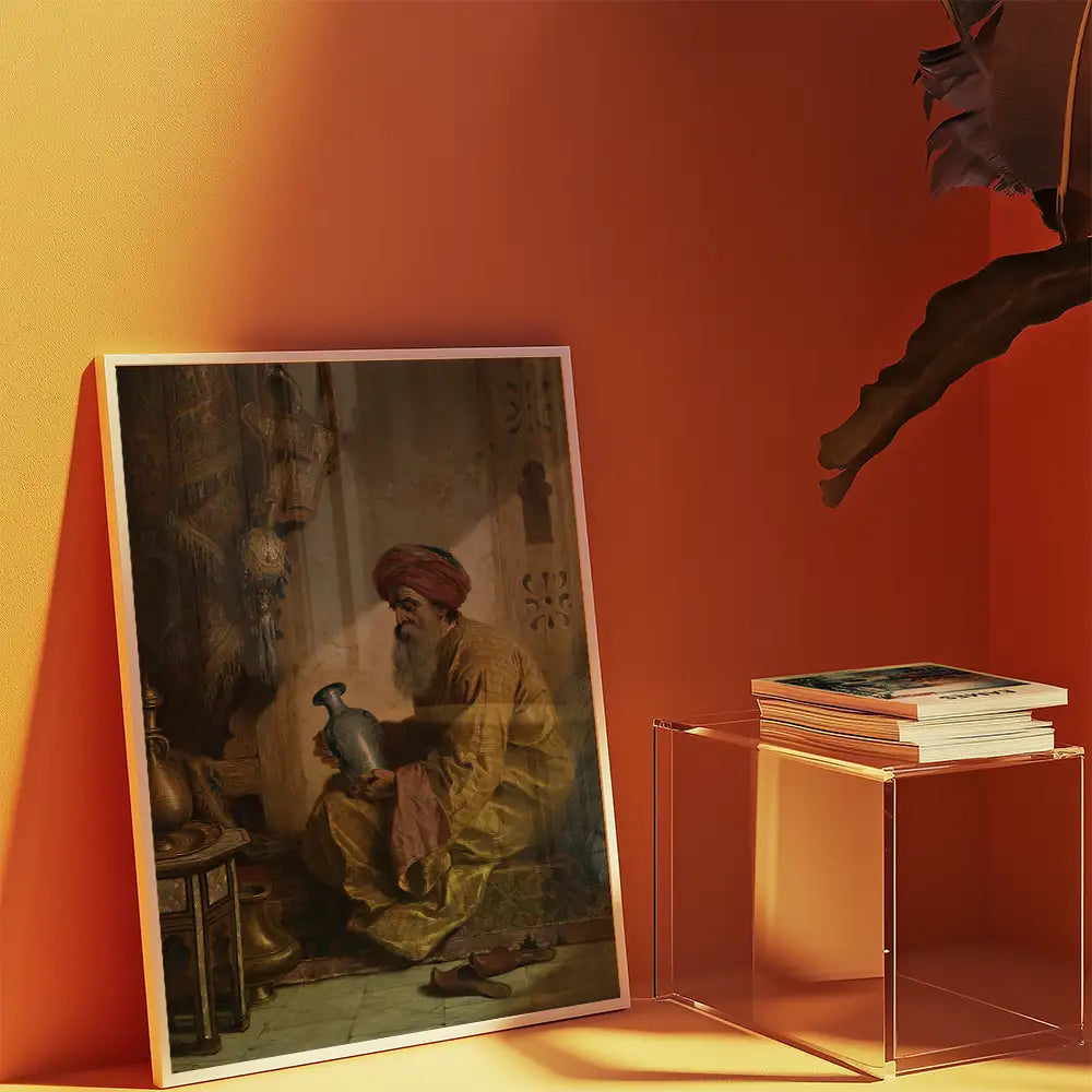 Painting of a man in traditional clothing sitting on the floor, holding a blue vase, with warm orange wall background, and a stack of books and a clear acrylic table beside it.