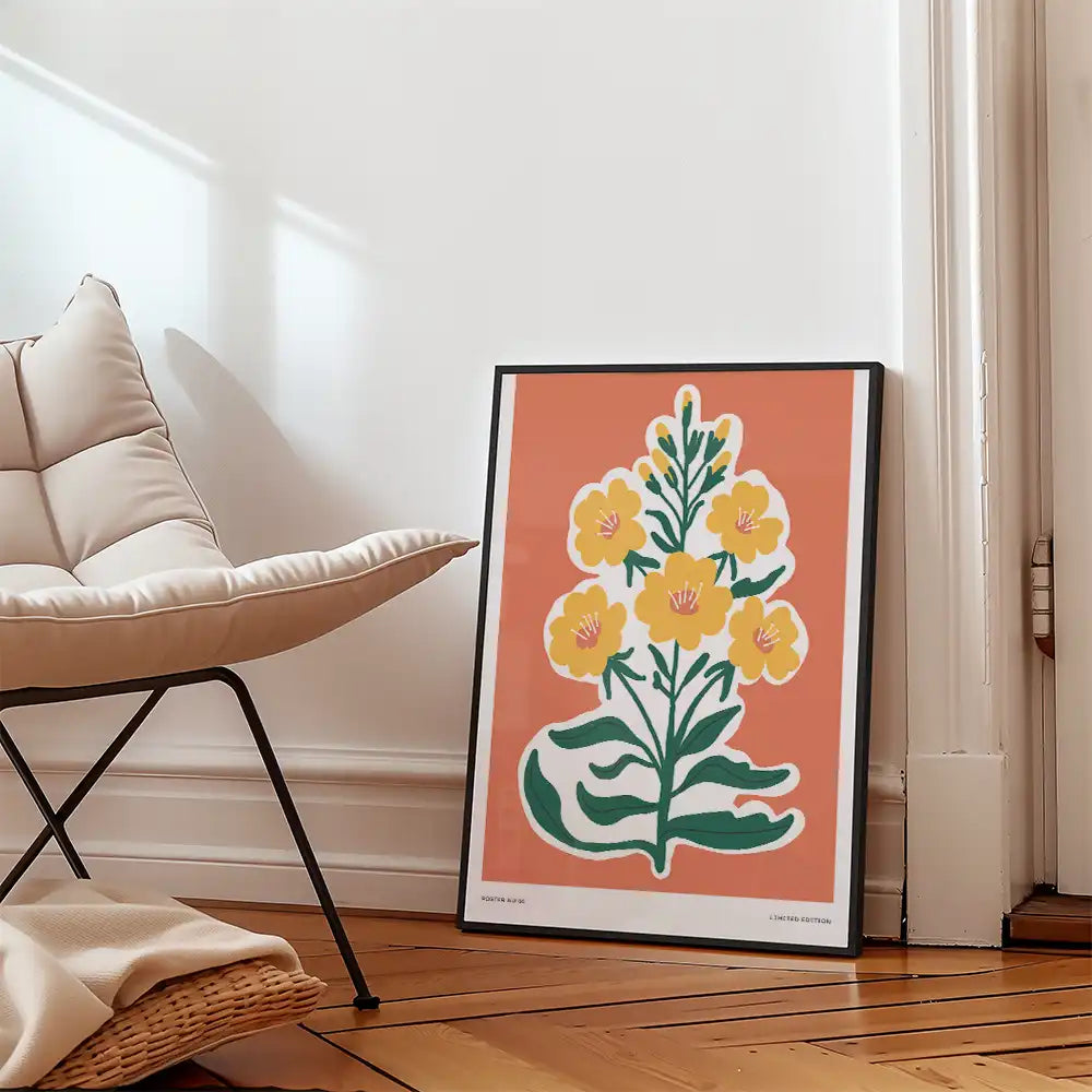 Modern floral art print featuring vibrant yellow flowers against a coral background, displayed in a stylish interior setting.
