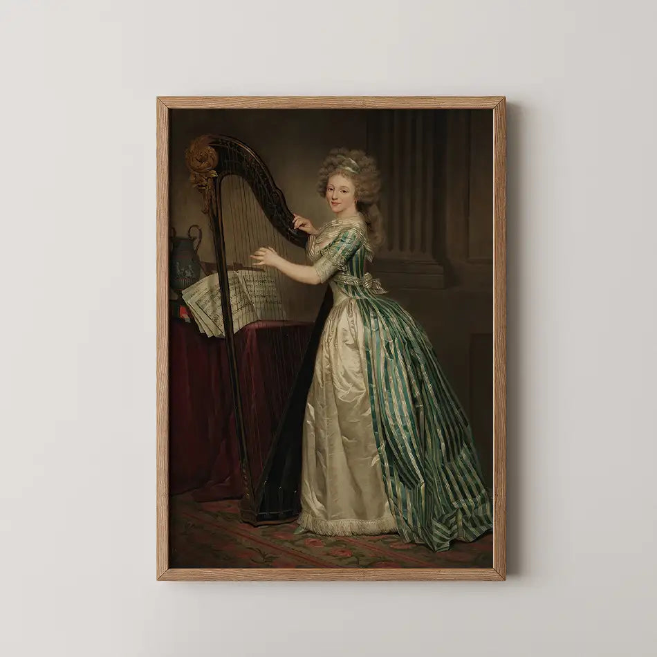 Portrait of a woman in a green and white striped gown playing the harp, framed in a wooden frame.