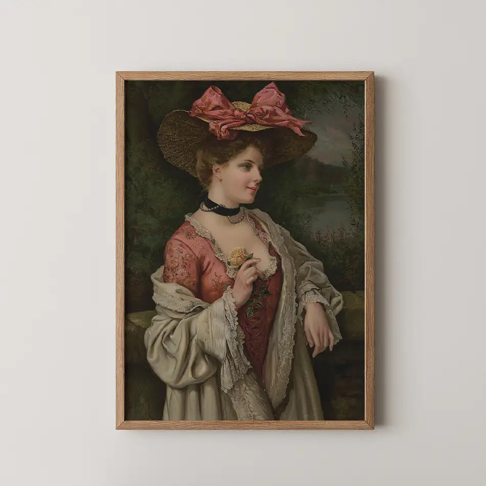 Portrait of a woman in historical attire with a large hat and rose, framed and hanging on a wall.
