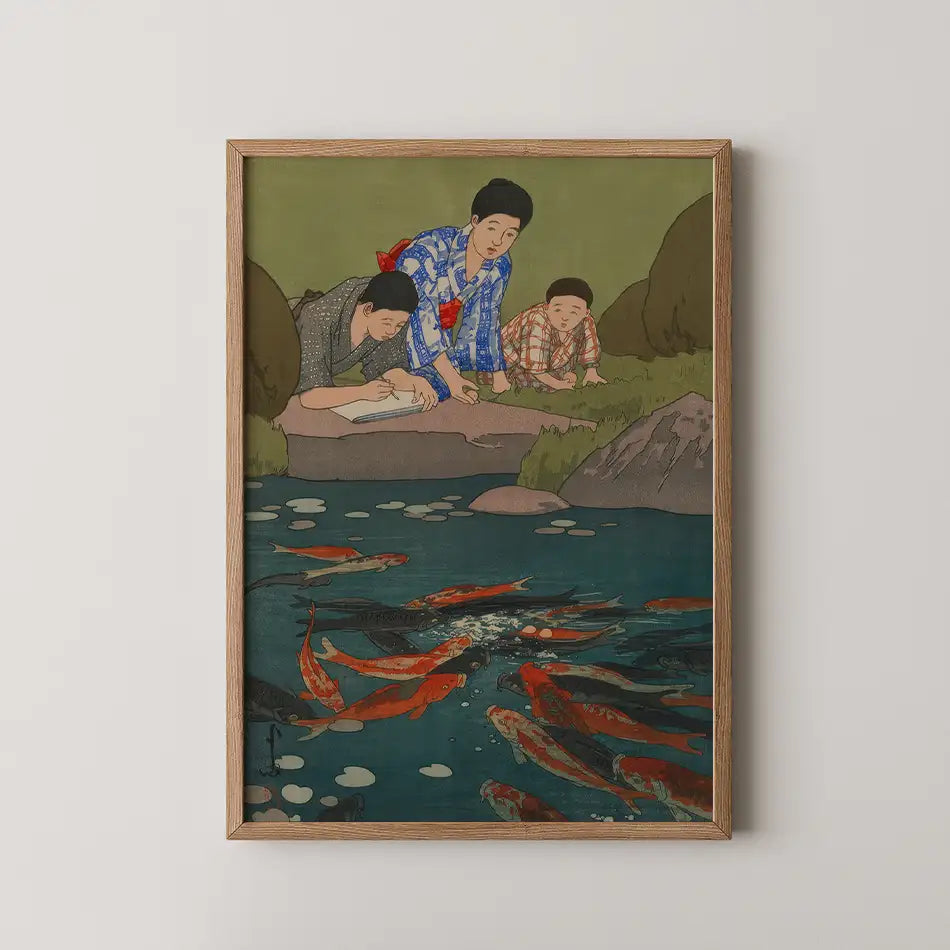 A framed painting depicting a traditional scene of a woman and two children observing colorful koi fish in a pond surrounded by greenery.