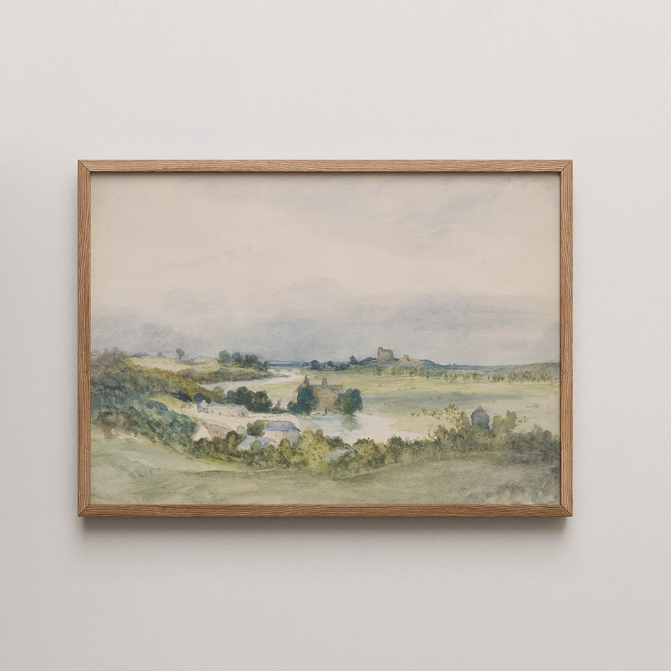 Watercolor painting of a tranquil landscape featuring rolling hills and a distant castle, framed in light wood.