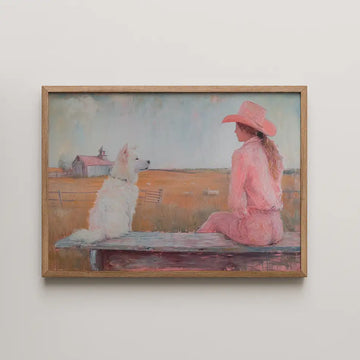 Leon #3 - Cowboy Dogs artwork featuring a young girl in a soft pink outfit and cowboy hat sitting beside a white dog on a rustic railing with golden fields and a barn in the background, evoking serene rural life and companionship."