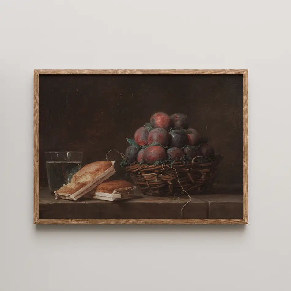 Still life painting featuring a woven basket of plums, a glass of water, and two pieces of bread on a table.