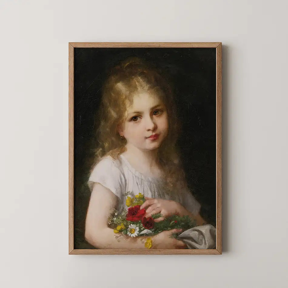 Portrait of a young girl holding a bouquet of flowers, framed in a wooden frame, against a dark background.