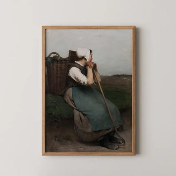 Painting of a woman sitting on the ground, wearing a traditional dress and carrying a basket on her back, with a landscape background.
