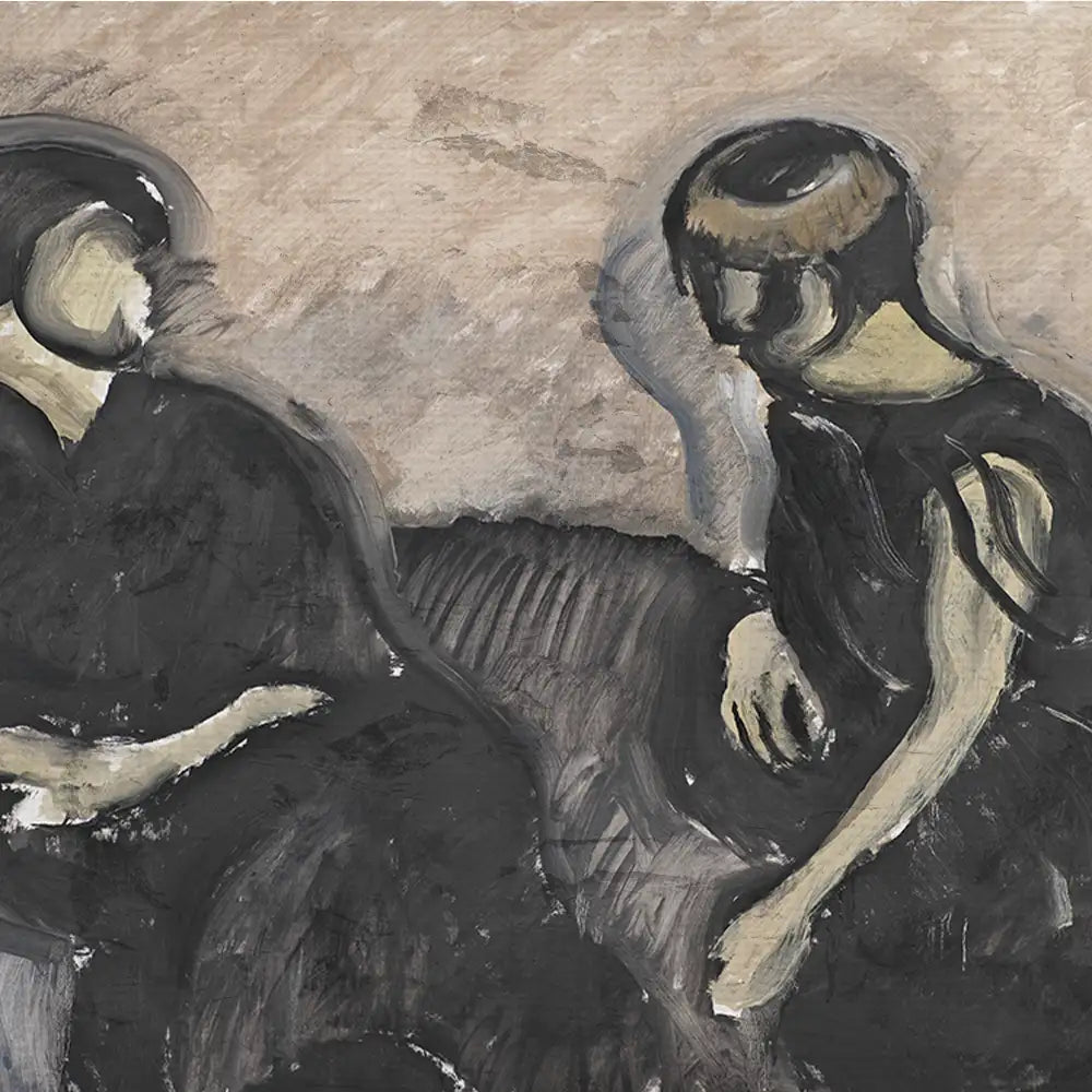 Two abstract figures in a muted color palette, seated and engaged in conversation, with a focus on their facial features and body language.
