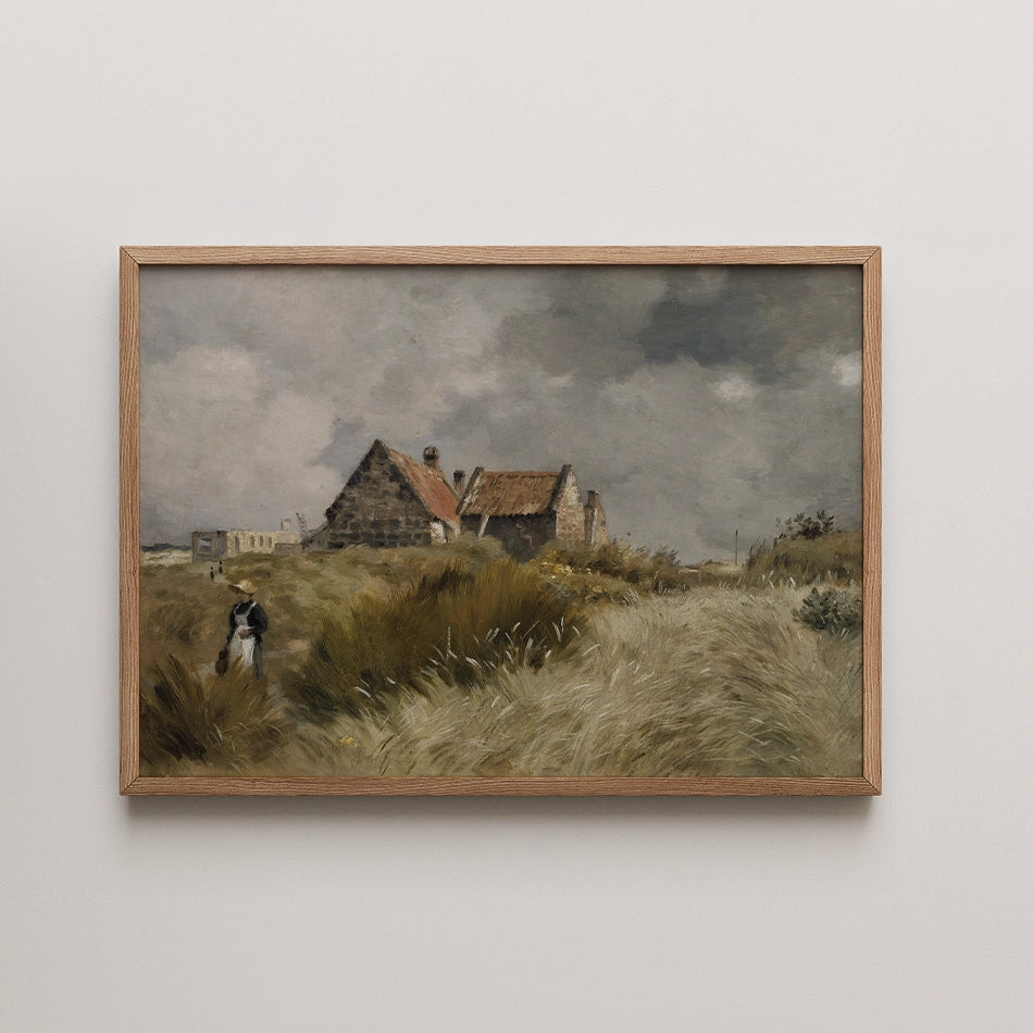 Framed painting of a serene landscape featuring a cloudy sky, two rustic houses, and a figure walking through tall grass.