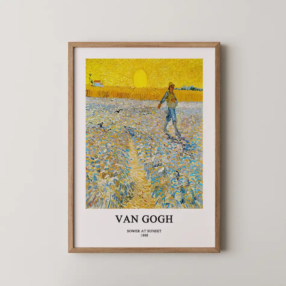Framed painting of "Sower at Sunset" by Van Gogh, featuring a sunlit landscape with a figure sowing seeds in a field.