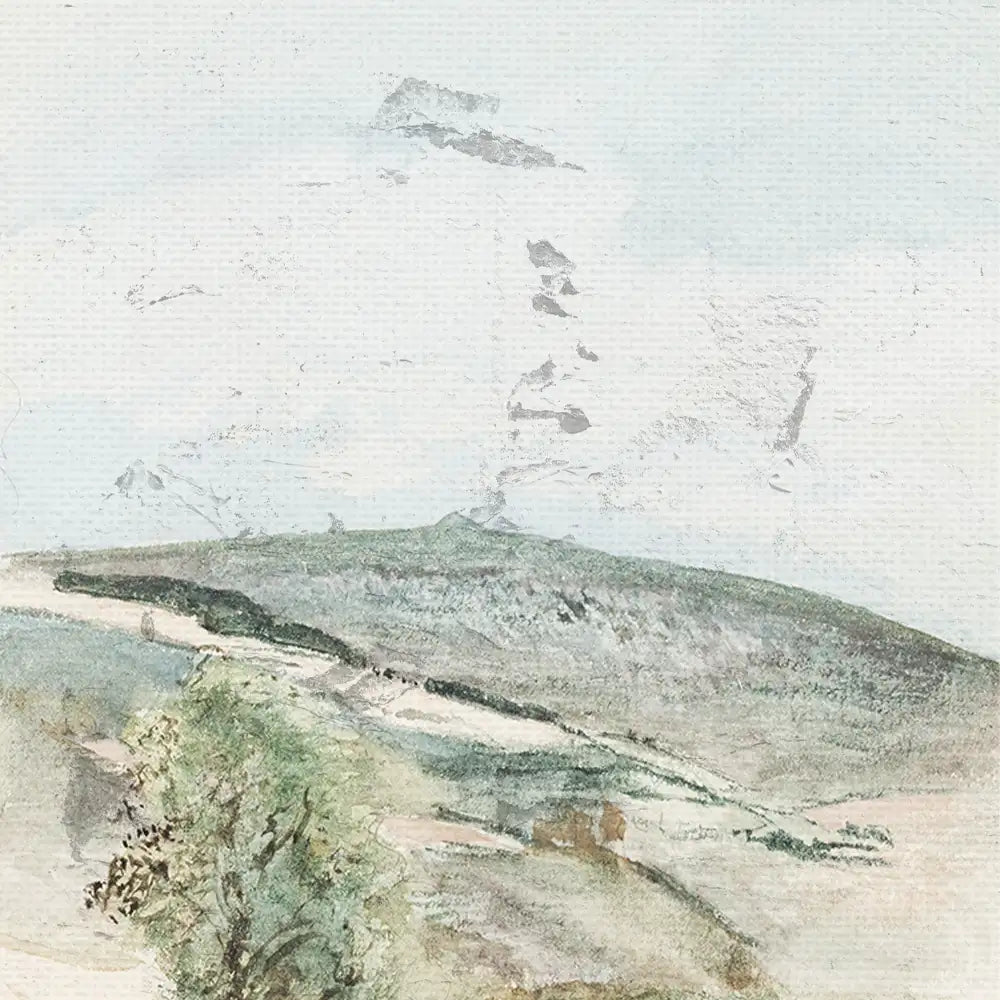 Watercolor painting of a serene landscape featuring rolling hills, a distant mountain, and soft, muted colors.