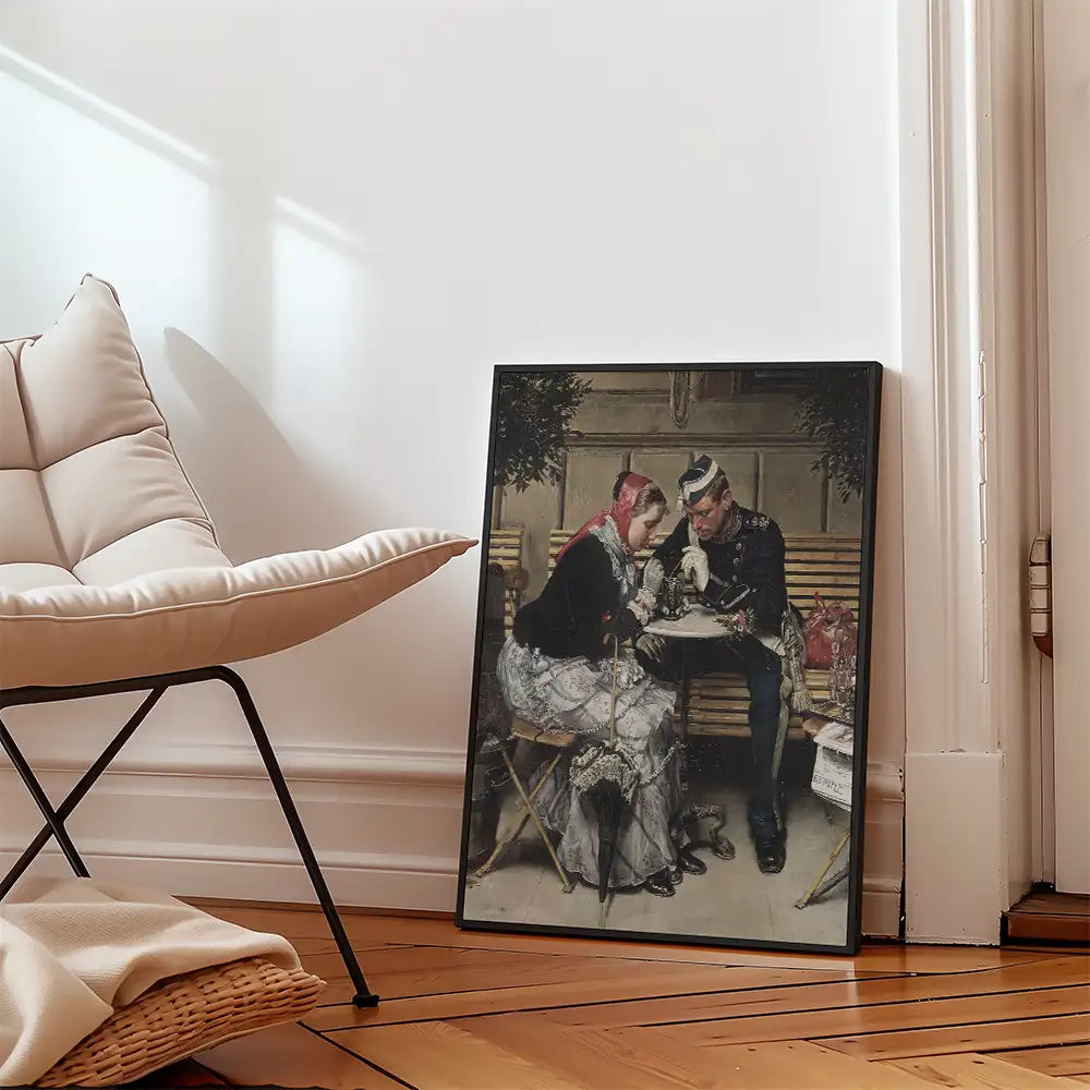 Classic painting of a couple engaged in conversation, displayed leaning against a wall next to a comfortable chair.