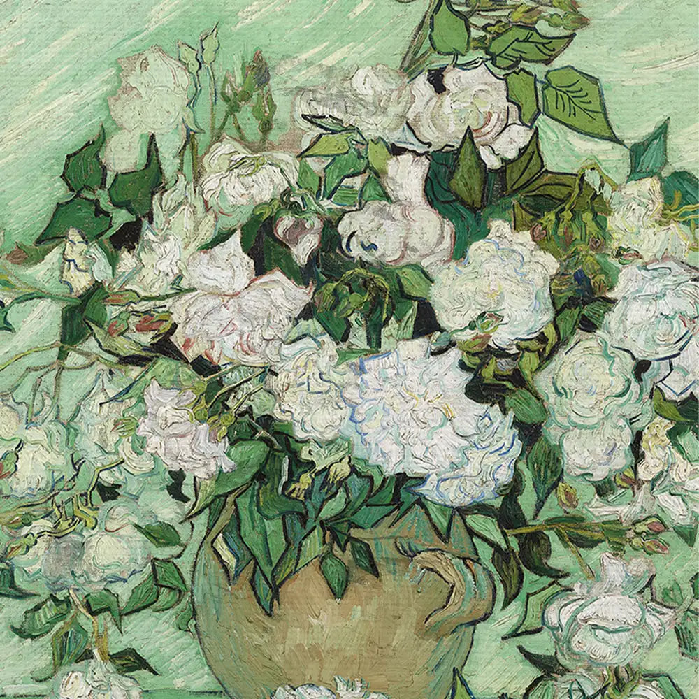 Painting of white flowers in a vase with green foliage against a soft green background.