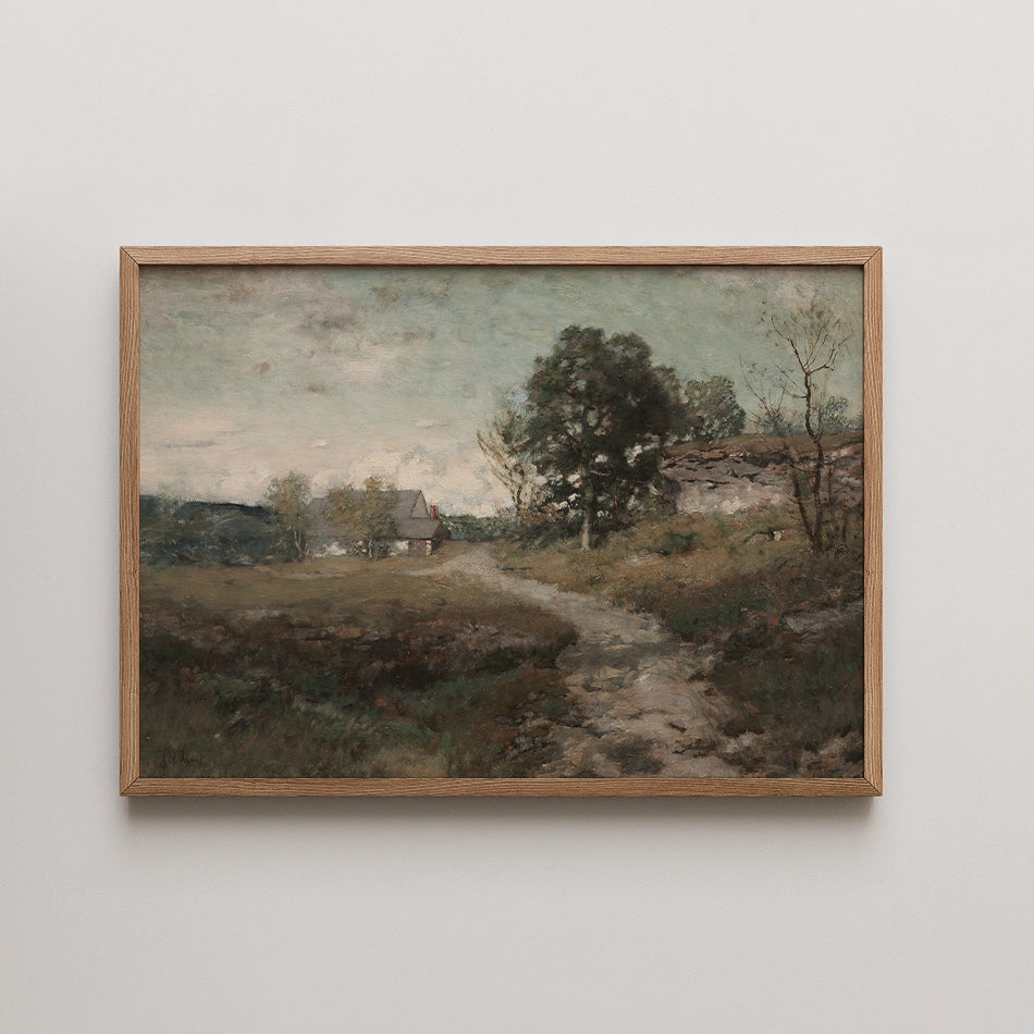 Landscape painting depicting a rustic scene with a pathway, trees, and a cozy house framed in a wooden frame.