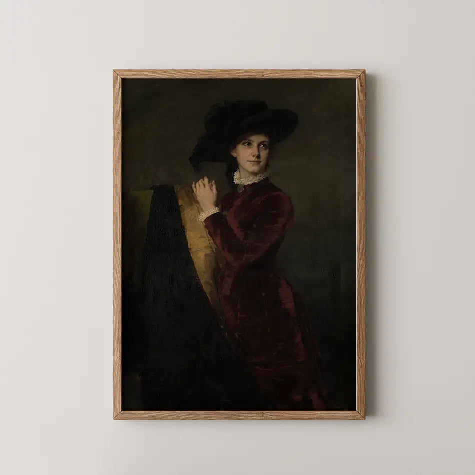 Vintage portrait painting of a woman in a red dress and large hat, framed in natural wood.