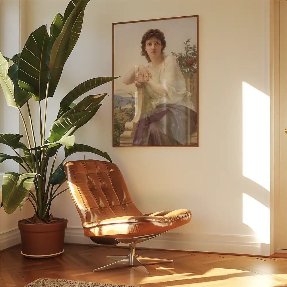 A vintage-style painting of a woman seated with a plant and a modern chair in a bright, sunlit room.