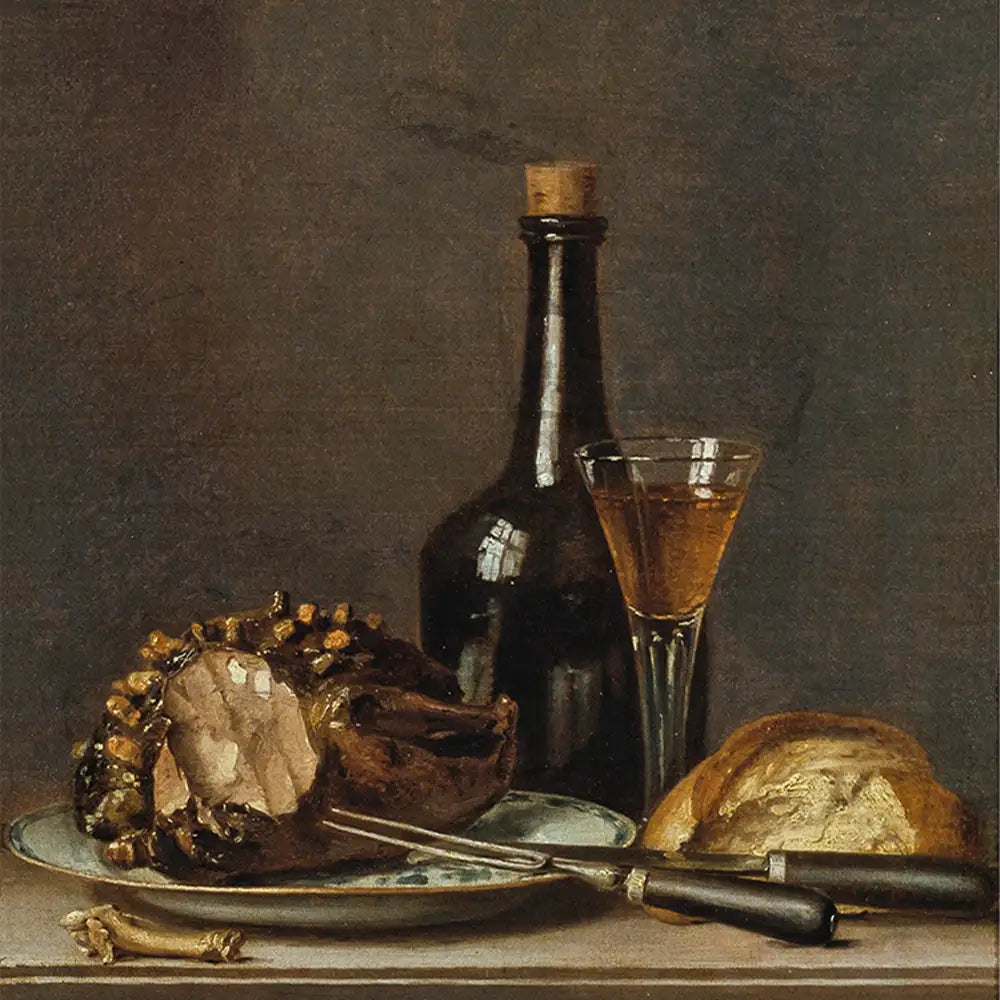 Still life painting featuring a roasted meat dish, a bottle, a glass of beverage, and a loaf of bread on a table.