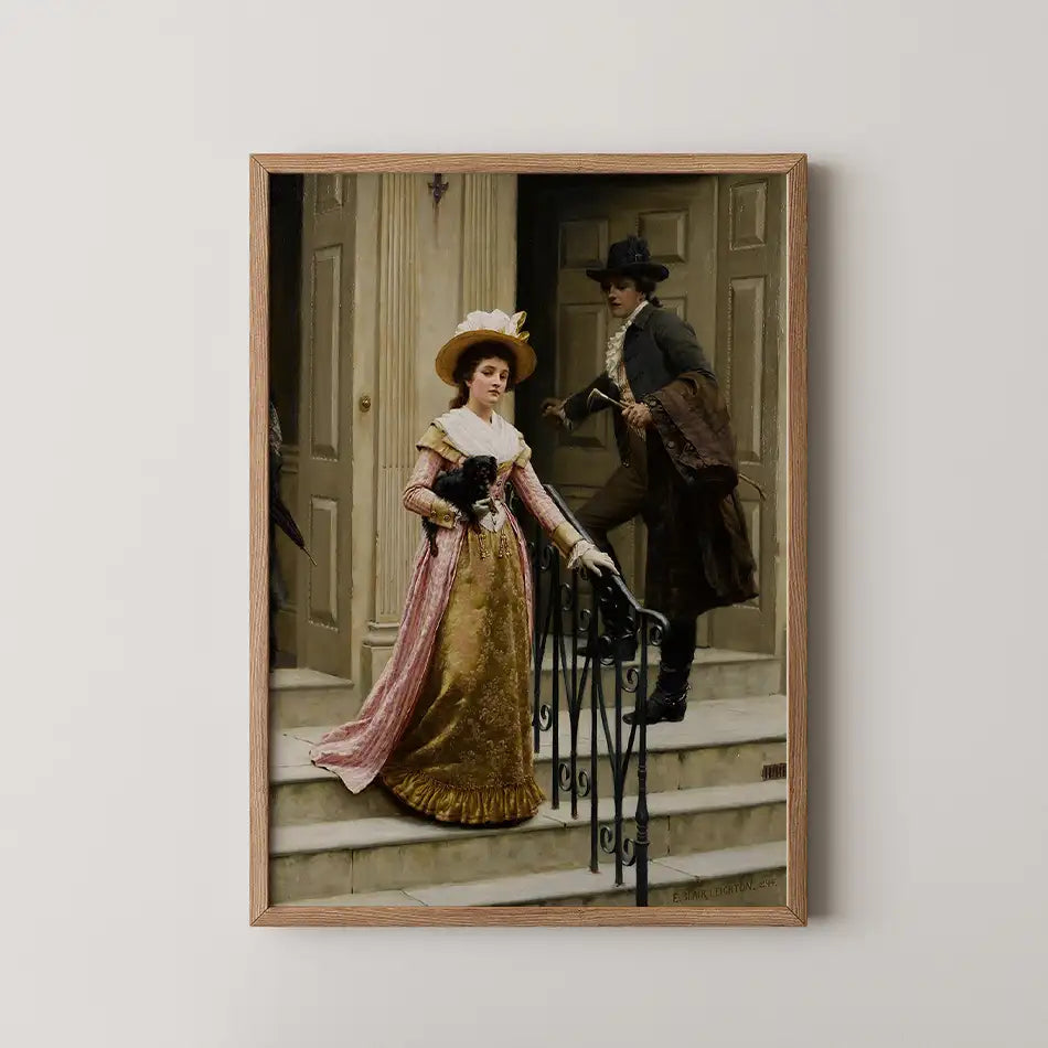 Painting of a woman in a pink and golden dress with a hat, holding a small black dog, as a man in period attire walks down the steps of a traditional building. Framed art piece.