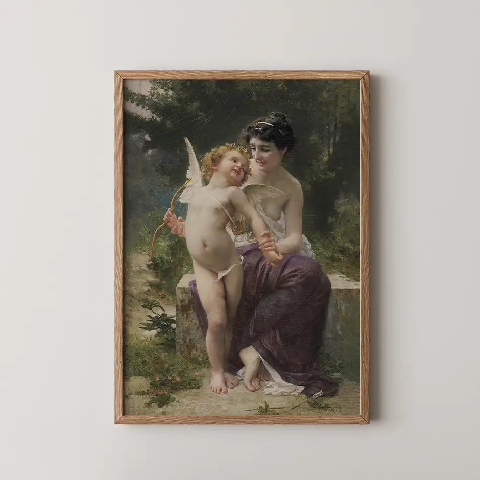 A framed painting of a woman with dark hair sitting on a stone bench, smiling at a playful cherub with curly hair and wings, surrounded by greenery.