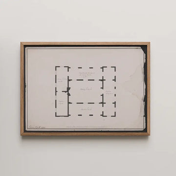 Framed architectural blueprint artwork with handwritten notes and details in a wood frame