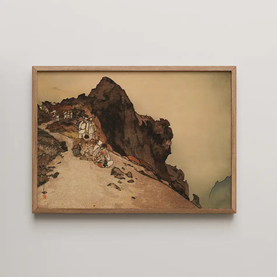 Framed painting depicting figures on a rocky path with a mountainous background and a muted color palette.