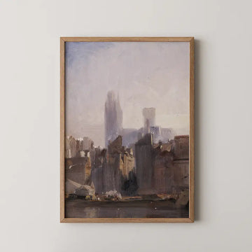 Framed painting of a city skyline with a muted color palette, featuring soft greys and browns, displayed against a light wall.